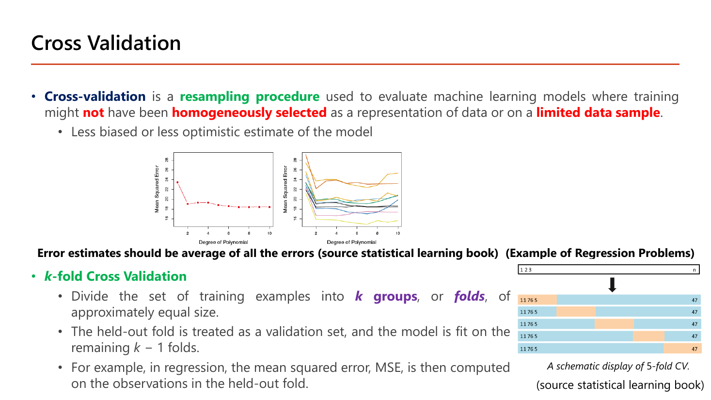 Cross Validation slide: cross-validation is a resampling procedure used to evaluate machine learning models where training might not have been homogeneously selected as a representation of data or where there is a limited data sample, giving a less biased or less optimistic estimate; two mean-squared-error against degree-of-polynomial charts compare a single validation split with many repeated splits whose curves scatter widely; k-fold cross validation divides the training examples into k groups or folds of approximately equal size, holds out one fold as validation and fits on the remaining k-1 folds; a schematic shows 5-fold CV as five rows where a different orange block is held out in each row
