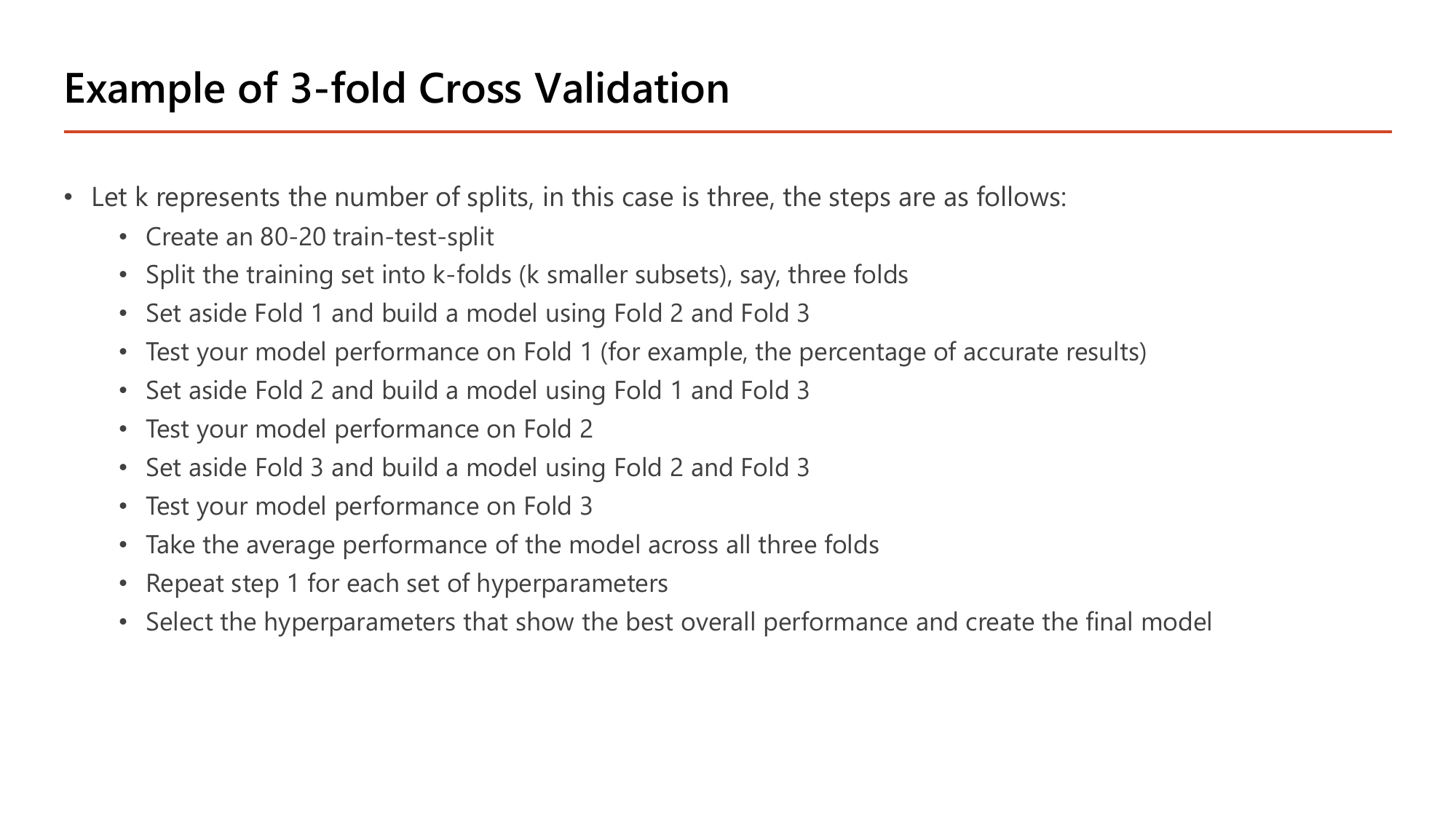 Example of 3-fold Cross Validation slide listing the steps: create an 80-20 train-test split; split the training set into three folds; set aside Fold 1 and build a model using Fold 2 and Fold 3, then test on Fold 1; set aside Fold 2 and build using Fold 1 and Fold 3, then test on Fold 2; set aside Fold 3 and build a model, then test on Fold 3; take the average performance across all three folds; repeat for each set of hyperparameters; and select the hyperparameters with the best overall performance to create the final model