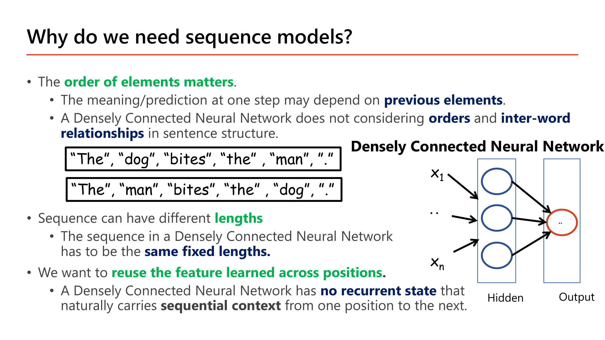 Slide: Why do we need sequence models? The order of elements matters; the meaning/prediction at one step may depend on previous elements; a densely connected network does not consider orders and inter-word relationships. Example: The dog bites the man. versus The man bites the dog. Sequences can have different lengths but a dense network needs the same fixed lengths. We want to reuse the feature learned across positions; a dense network has no recurrent state that carries sequential context