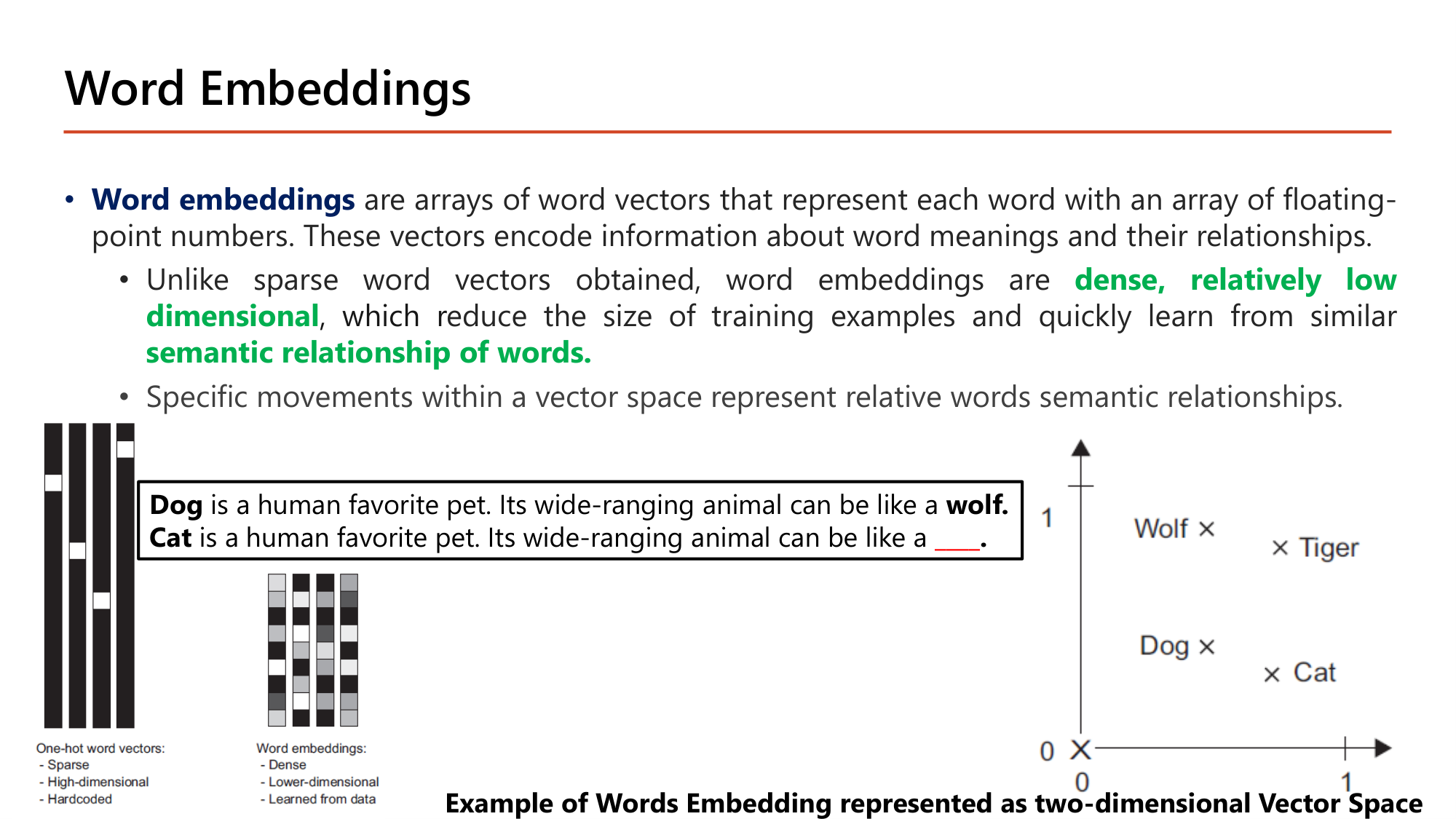 Slide: Word Embeddings are arrays of word vectors that represent each word with an array of floating-point numbers, encoding word meanings and relationships. Unlike sparse word vectors, word embeddings are dense, relatively low dimensional, which reduce the size of training examples and quickly learn from similar semantic relationship of words. Specific movements within a vector space represent relative semantic relationships. Example: Dog is a human favorite pet. Its wide-ranging animal can be like a wolf. Cat is a human favorite pet. Its wide-ranging animal can be like a ____. 2D plot with Wolf, Tiger, Dog, Cat. One-hot: sparse, high-dimensional, hardcoded; embeddings: dense, lower-dimensional, learned from data