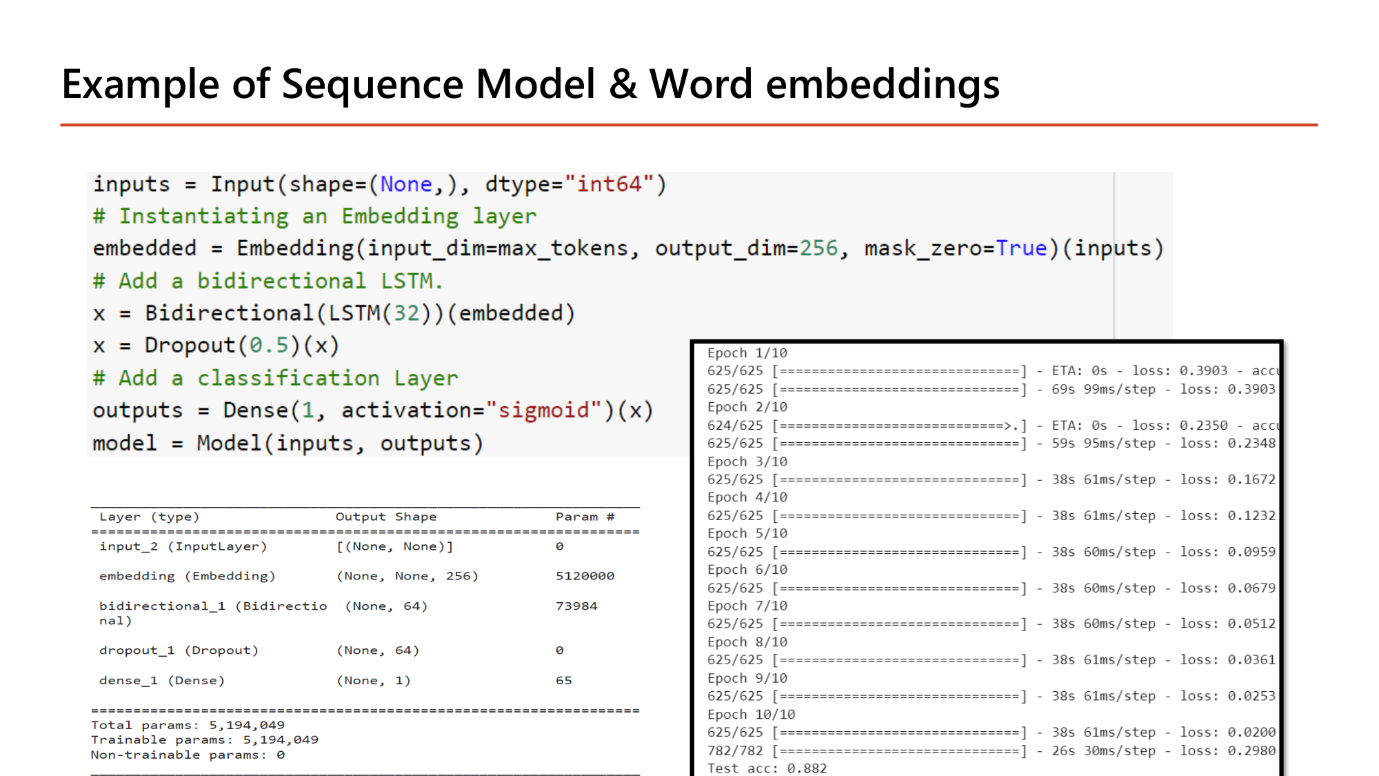 Slide: Example of Sequence Model and Word embeddings. Code: inputs = Input(shape=(None,), dtype="int64"); embedded = Embedding(input_dim=max_tokens, output_dim=256, mask_zero=True)(inputs); x = Bidirectional(LSTM(32))(embedded); x = Dropout(0.5)(x); outputs = Dense(1, activation="sigmoid")(x); model = Model(inputs, outputs). Summary: embedding (None, None, 256) 5,120,000; bidirectional (None, 64) 73,984; dropout (None, 64) 0; dense (None, 1) 65; Total params 5,194,049. Training log, Test acc: 0.882