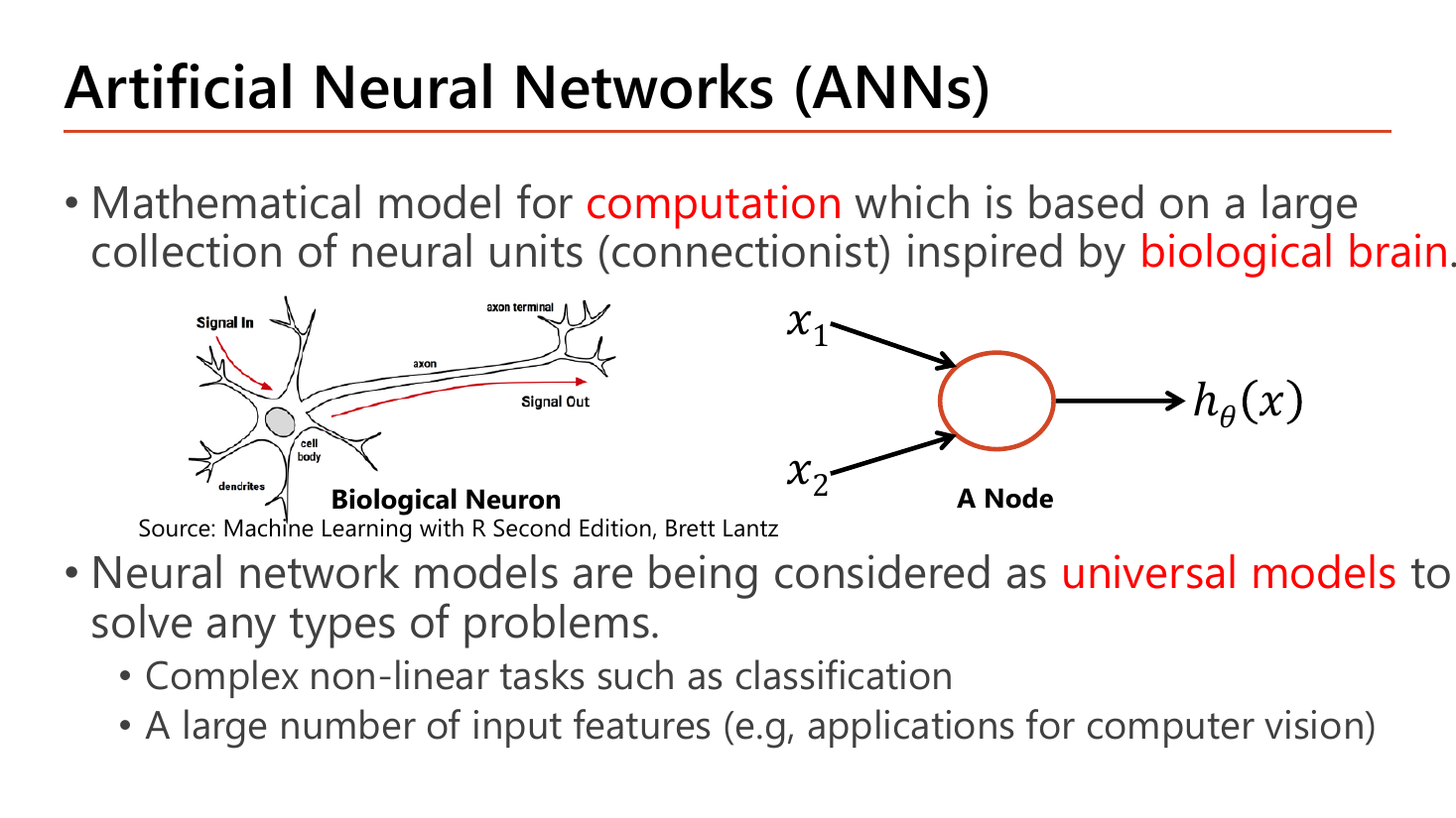 Artificial Neural Networks slide: a drawing of a biological neuron with signal in through dendrites, cell body, axon and signal out at the axon terminal, placed beside an artificial node receiving x1 and x2 and emitting h(x)