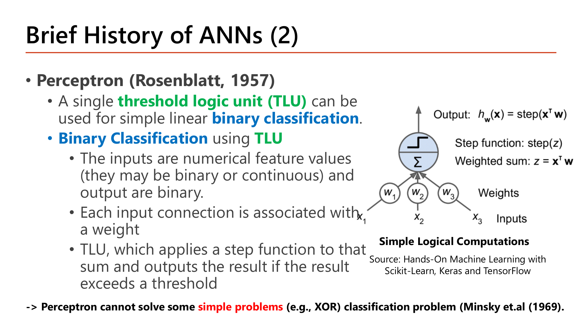 Rosenblatt 1957 Perceptron slide: a Threshold Logic Unit drawn with inputs x1 x2 x3, weights w1 w2 w3, a summation symbol, a step function block, and the output formula h(x) = step(x transpose w) with weighted sum z = x transpose w