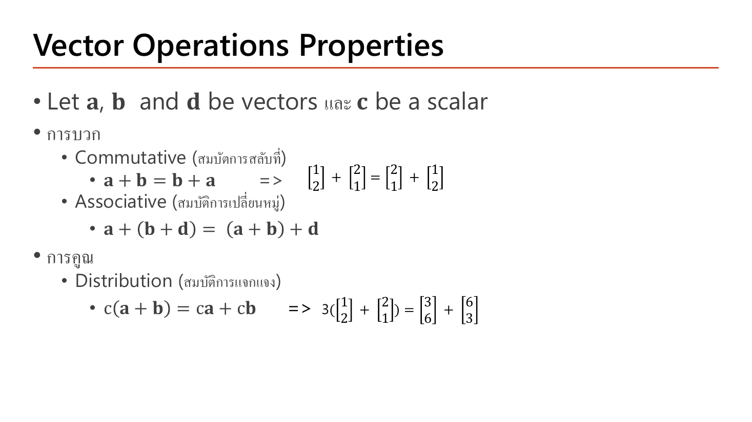 Vector Operations Properties slide: commutative law a plus b equals b plus a demonstrated with column vectors [1,2] plus [2,1] equals [2,1] plus [1,2], the associative law for addition, and the distributive law c times (a plus b) equals ca plus cb demonstrated with 3 times ([1,2] plus [2,1]) equals [3,6] plus [6,3]