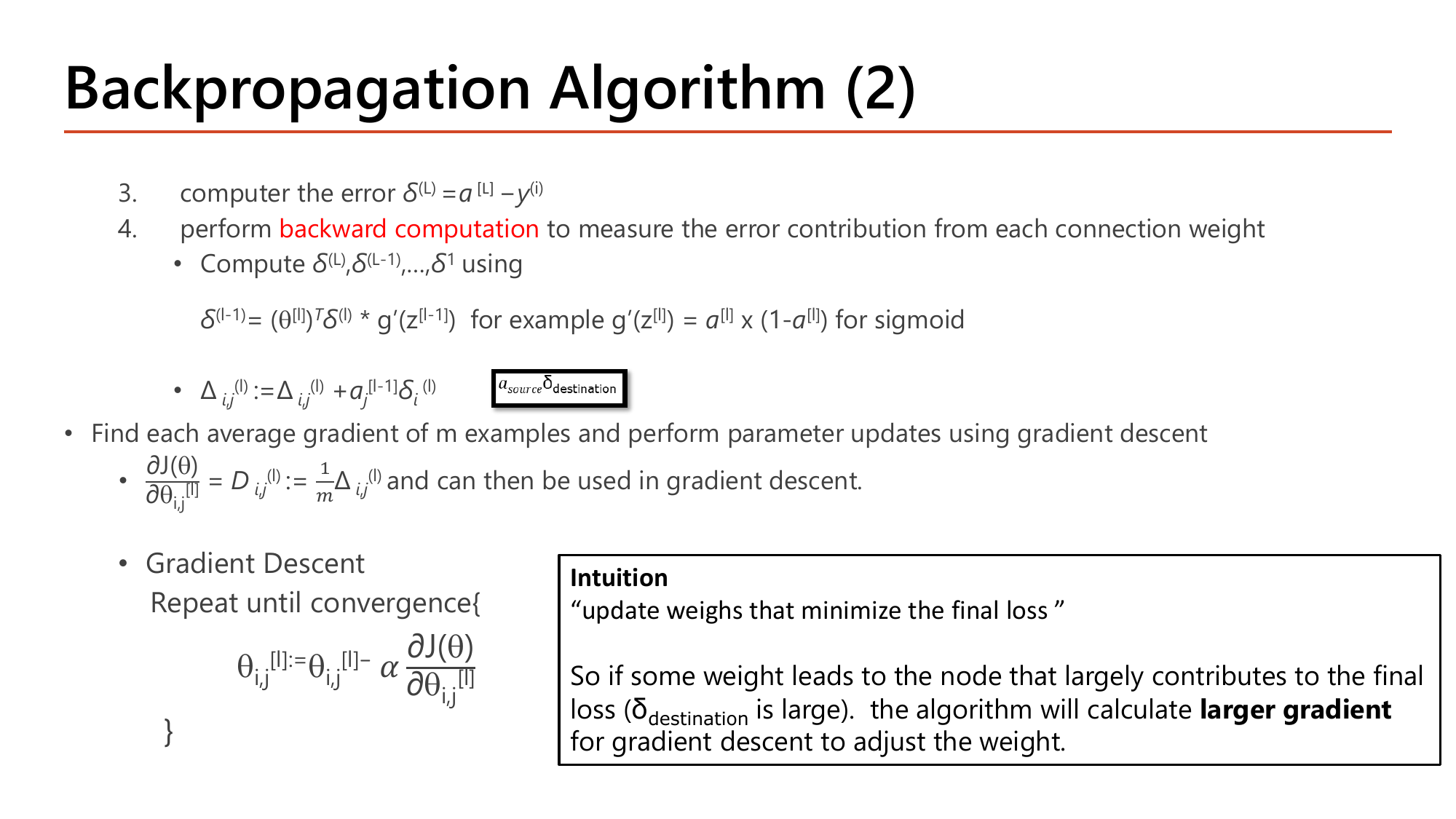 Backpropagation algorithm pseudocode part 2: compute output error delta[L]=a[L]-y, then compute delta[L-1] through delta[1] via delta[l-1]=(theta[l])^T delta[l] times g'(z[l-1]), accumulate Delta_ij[l] += a_j[l-1] delta_i[l], then average as D_ij[l]=(1/m)Delta_ij[l] and use in gradient descent, with an intuition box about updating weights that minimise the final loss