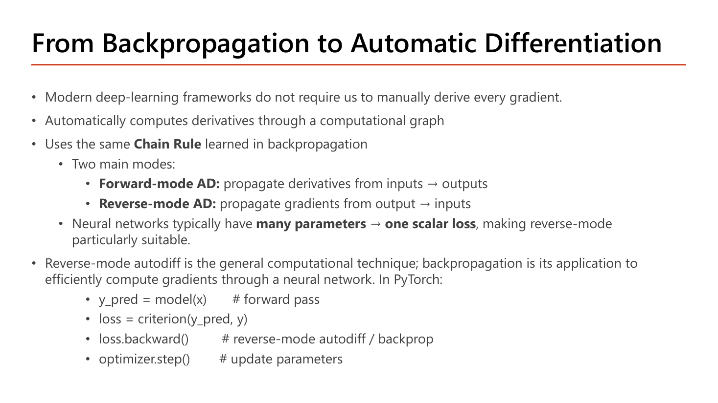 From backpropagation to automatic differentiation slide: modern frameworks compute derivatives automatically through a computational graph using the same chain rule, with two modes - forward-mode AD propagating derivatives from inputs to outputs and reverse-mode AD propagating gradients from output to inputs - and a four-line PyTorch snippet showing model forward pass, loss, backward and optimizer step