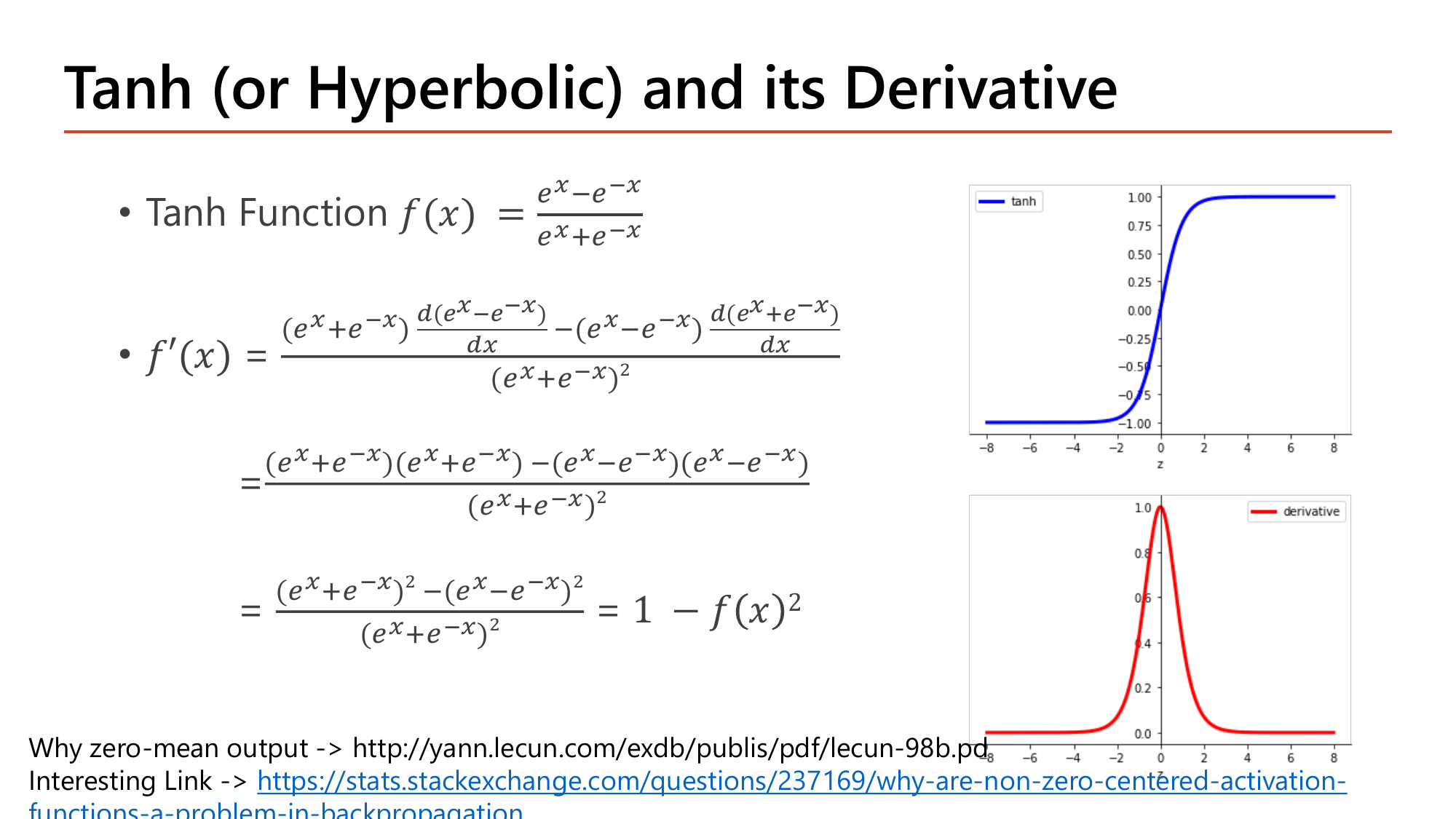 Tanh and its derivative slide: the tanh function f(x) = (e^x - e^-x)/(e^x + e^-x) with a full quotient-rule derivation ending at f'(x) = 1 - f(x)^2, plus a plot of tanh rising from -1 to 1 and its bell-shaped derivative peaking at 1.0