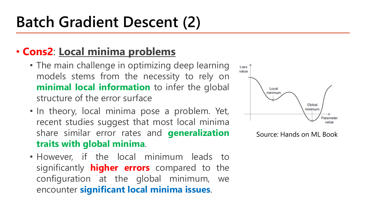 Slide Batch Gradient Descent (2): Cons2 local minima problems, explaining reliance on minimal local information to infer the global structure of the error surface, that most local minima share similar error rates and generalization traits with global minima, and that significantly higher errors create significant local minima issues; with a loss curve showing a shallow local minimum and a deeper global minimum