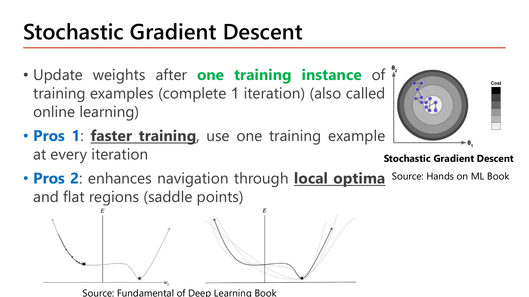 Slide Stochastic Gradient Descent: update weights after one training instance (also called online learning); Pros 1 faster training using one example every iteration; Pros 2 enhances navigation through local optima and flat regions (saddle points); with a contour plot of a jagged path and two error-curve diagrams of a local optimum and a flat saddle region