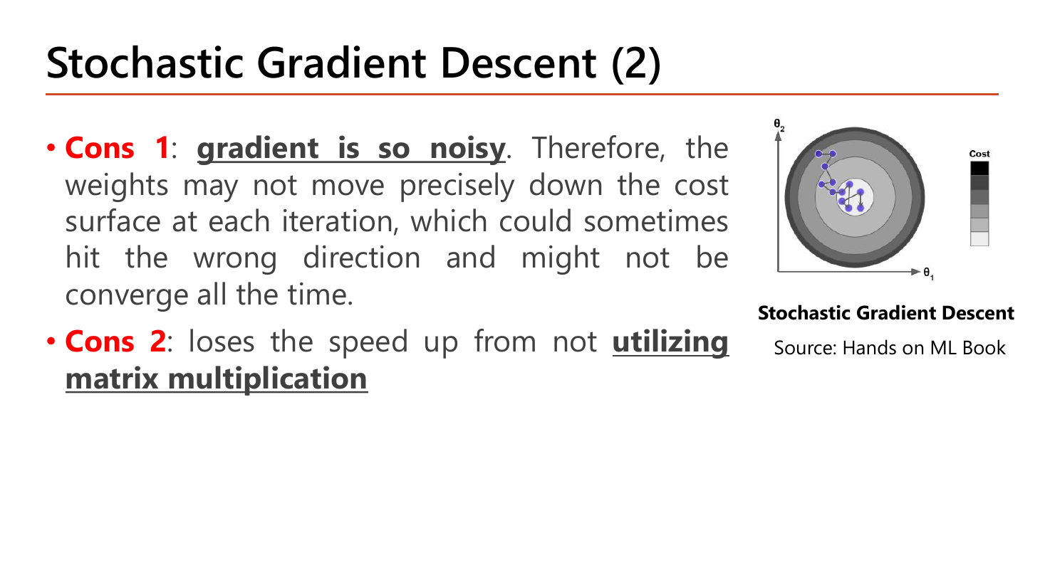 Slide Stochastic Gradient Descent (2): Cons 1 gradient is so noisy so weights may not move precisely down the cost surface at each iteration, sometimes hitting the wrong direction and might not converge all the time; Cons 2 loses the speed up from not utilizing matrix multiplication; with a contour plot of a highly jagged path