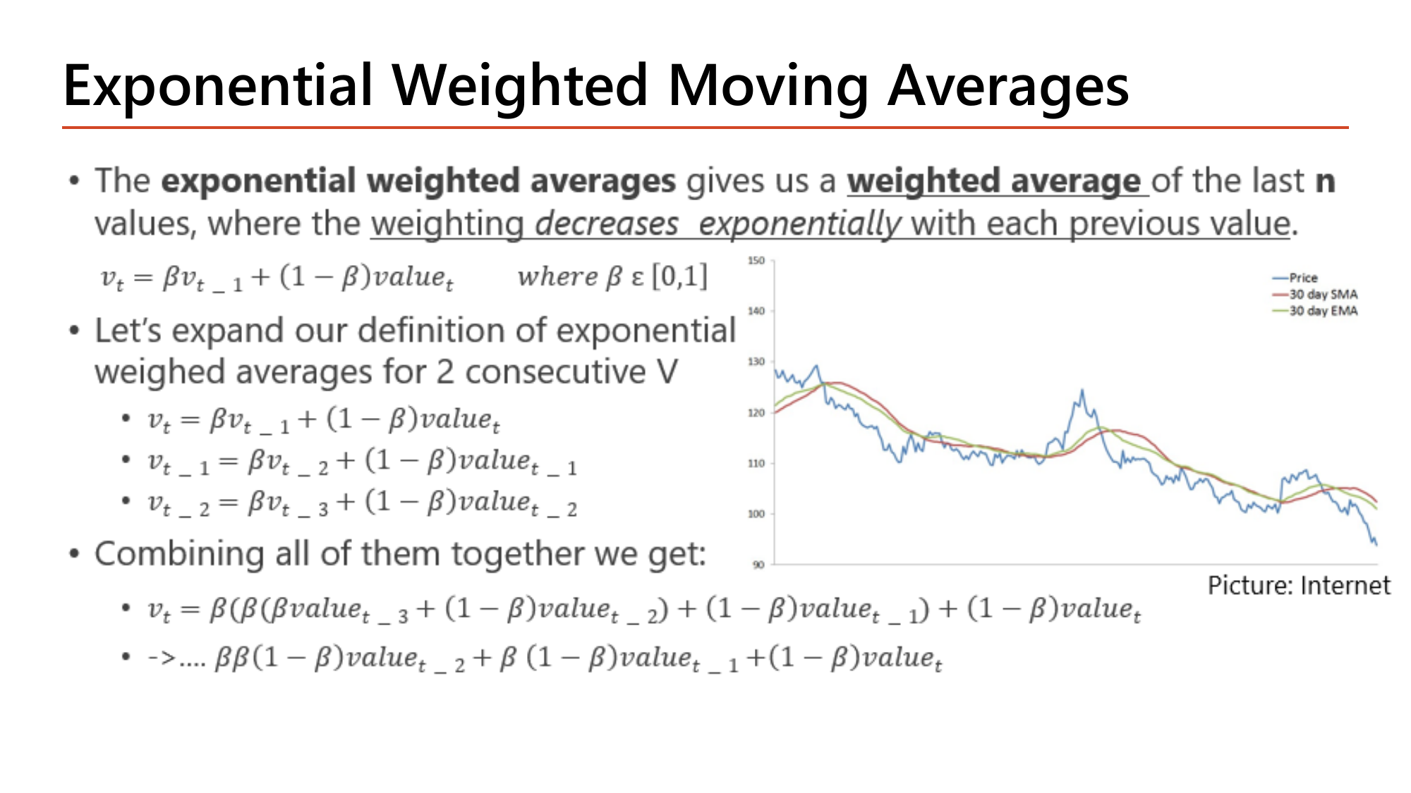 Slide Exponential Weighted Moving Averages: the exponential weighted average gives a weighted average of the last n values where the weighting decreases exponentially with each previous value; formula v_t = beta*v_(t-1) + (1-beta)*value_t with beta in [0,1]; the definition expanded for consecutive v at t, t-1 and t-2 and combined into a single expression; with a price chart comparing a 30 day SMA and a 30 day EMA