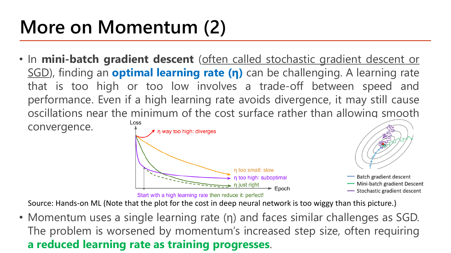Slide More on Momentum (2): in mini-batch gradient descent (often called SGD) finding an optimal learning rate can be challenging; too high or too low is a trade-off between speed and performance; a high learning rate may cause oscillations near the minimum; the loss-versus-epoch picture labels curves eta way too high diverges, eta too small slow, eta too high suboptimal, eta just right, and start with a high learning rate then reduce it; momentum needs a reduced learning rate as training progresses