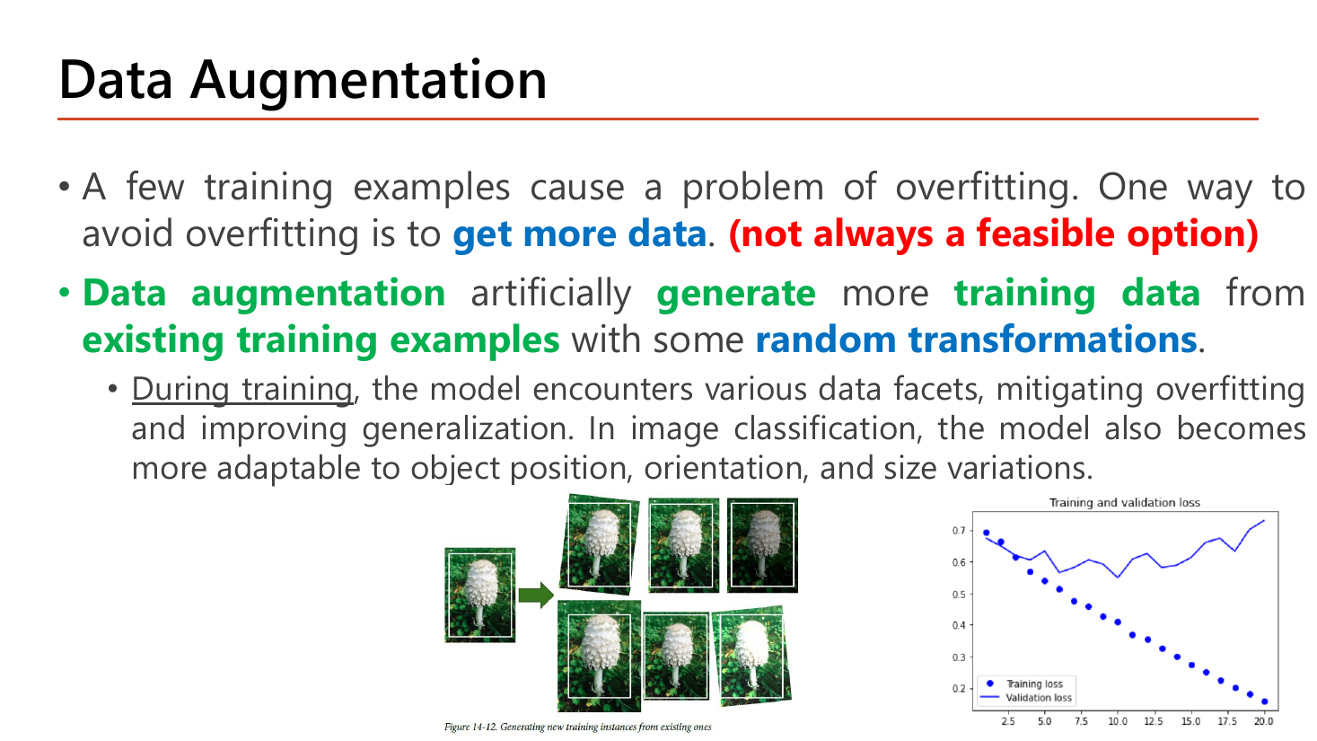 Slide Data Augmentation: a few training examples cause overfitting; one way to avoid it is to get more data (not always a feasible option); data augmentation artificially generates more training data from existing training examples with some random transformations; during training the model encounters various data facets, mitigating overfitting and improving generalization, and in image classification becomes more adaptable to object position, orientation and size variations; with one mushroom photo turned into six rotated and shifted versions, and a training-versus-validation loss plot
