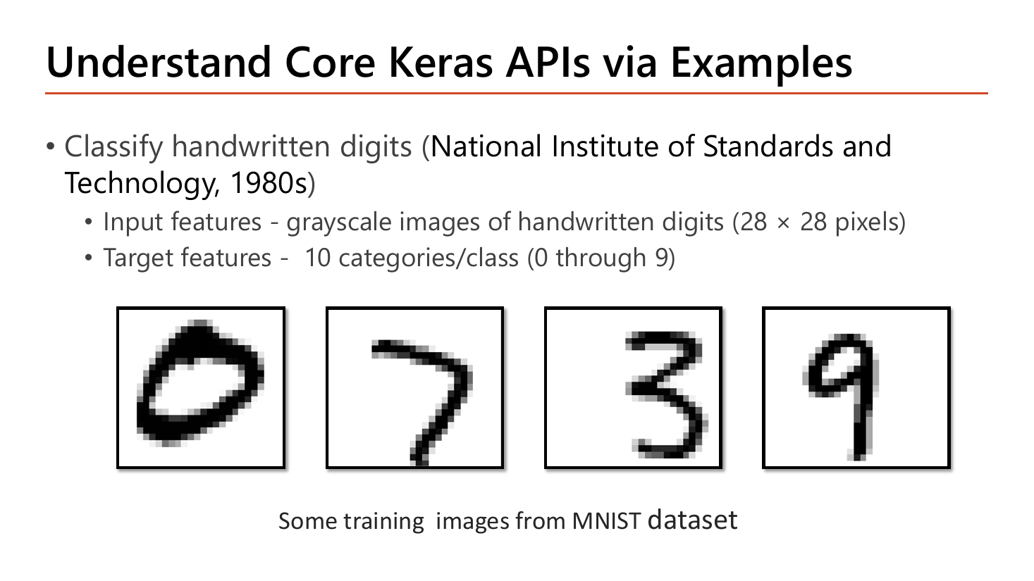 Slide Understand Core Keras APIs via Examples: classify handwritten digits from the National Institute of Standards and Technology dataset of the 1980s; input features are grayscale images of handwritten digits at 28 by 28 pixels; target features are 10 categories or classes from 0 through 9; four sample training images showing a zero, a seven, a three and a nine are displayed