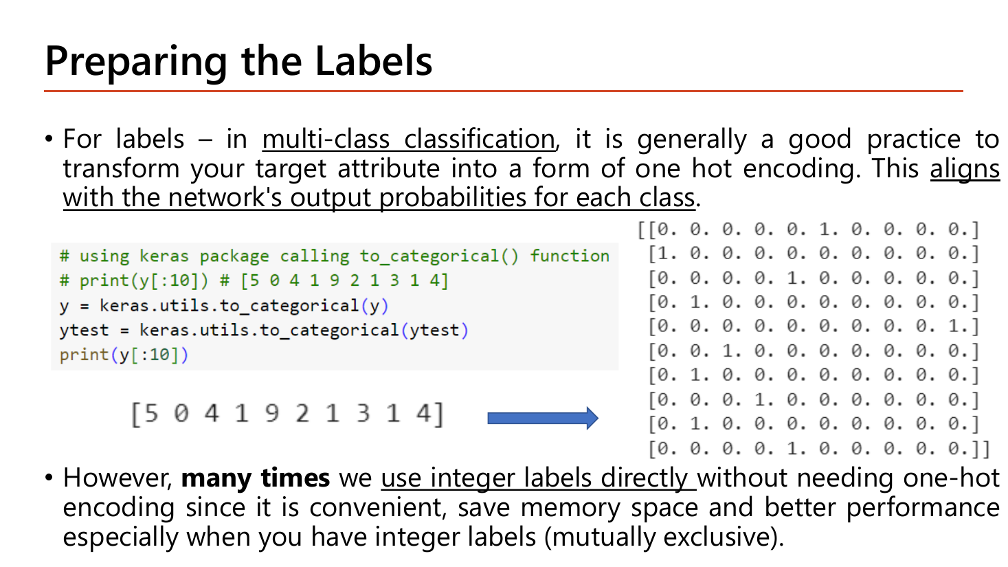 Slide Preparing the Labels: in multi-class classification it is generally good practice to transform the target attribute into one hot encoding which aligns with the network's output probabilities for each class; code calls keras.utils.to_categorical on y and ytest and prints y[:10]; the integer labels [5 0 4 1 9 2 1 3 1 4] become a 10 by 10 matrix of zeros with a single 1 in each row; the last bullet says many times we use integer labels directly without one-hot encoding since it is convenient, saves memory space and gives better performance especially with mutually exclusive integer labels