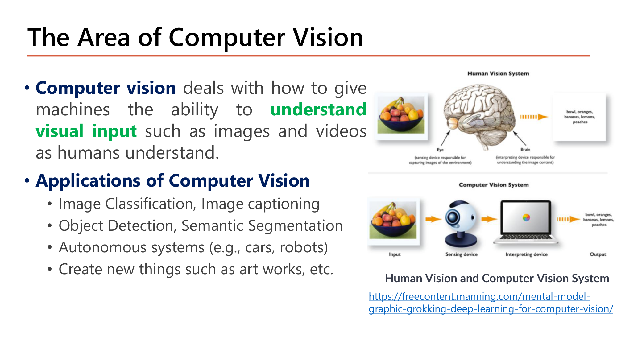 Slide: The Area of Computer Vision. Computer vision deals with how to give machines the ability to understand visual input such as images and videos as humans understand. Applications: image classification, image captioning, object detection, semantic segmentation, autonomous systems, creating new things such as art works. Diagram comparing human vision system (eye, brain) with computer vision system (sensing device, interpreting device)