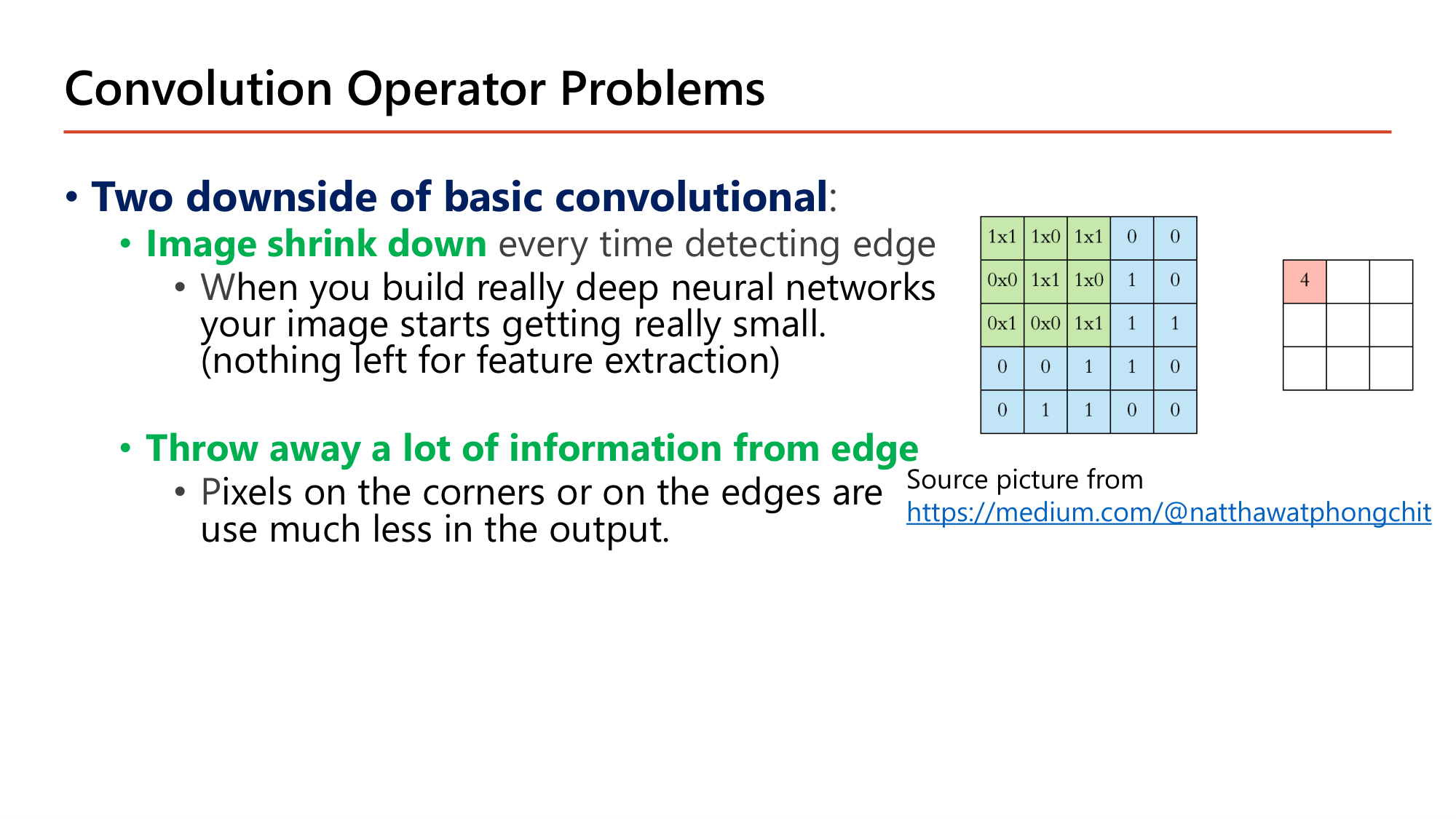 Slide: Convolution Operator Problems. Two downsides of basic convolution: image shrinks down every time detecting edge (in deep networks the image gets really small, nothing left for feature extraction), and throws away a lot of information from the edge (pixels on the corners or edges are used much less in the output). A 5 by 5 input with a 3 by 3 window produces a 3 by 3 output