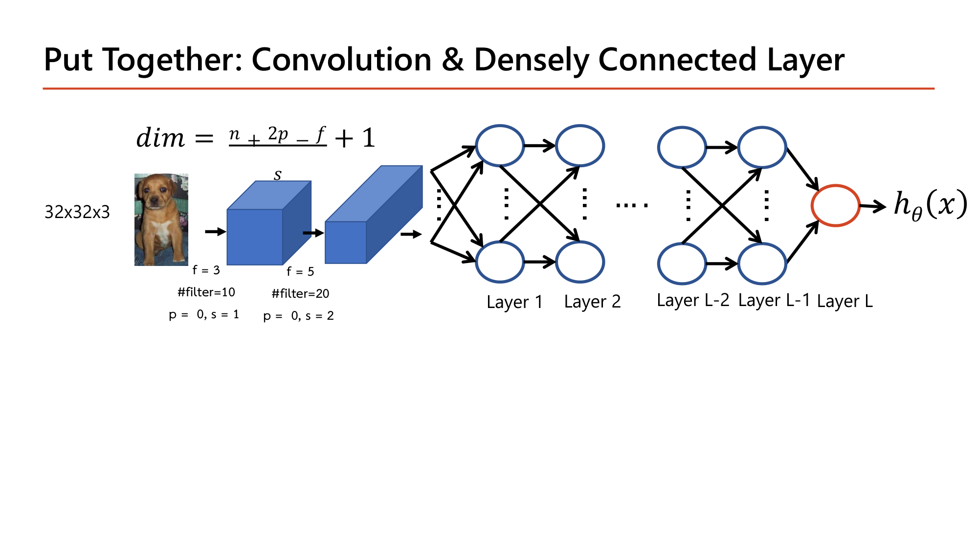 Slide: Put Together: Convolution and Densely Connected Layer. A 32x32x3 dog image passes through a convolution with f=3, 10 filters, p=0, s=1 and a second convolution with f=5, 20 filters, p=0, s=2, then into fully connected layers ending in h(x). Formula dim = (n+2p-f)/s + 1
