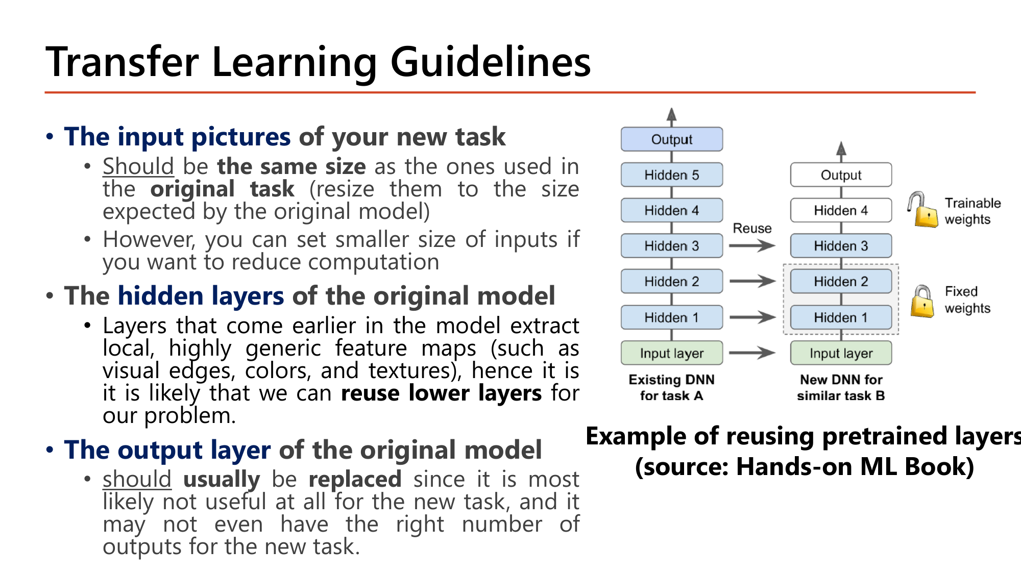 Slide: Transfer Learning Guidelines. Input pictures should be the same size as the original task (resize), but smaller inputs reduce computation. Hidden layers: earlier layers extract local, highly generic feature maps (edges, colors, textures), so lower layers can be reused. The output layer should usually be replaced: not useful for the new task and may not have the right number of outputs. Diagram: existing DNN for task A with hidden 1-5; new DNN for similar task B reuses hidden 1-4, hidden 1-2 fixed weights, hidden 3-4 trainable, new output