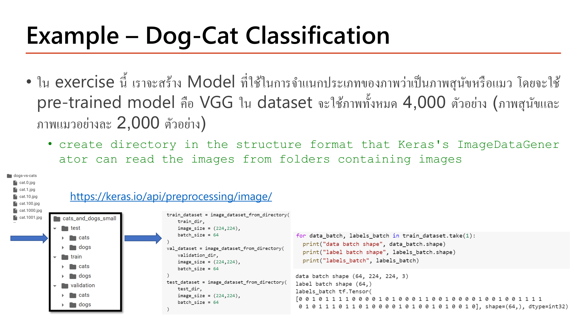 Slide: Example - Dog-Cat Classification. Build a model classifying dog or cat images using pretrained VGG; dataset of 4,000 images (2,000 dogs, 2,000 cats). Create directory structure cats_and_dogs_small with test, train, validation folders each containing cats and dogs. Code: train_dataset = image_dataset_from_directory(train_dir, image_size=(224,224), batch_size=64), same for validation and test. Output: data batch shape (64, 224, 224, 3), label batch shape (64,)