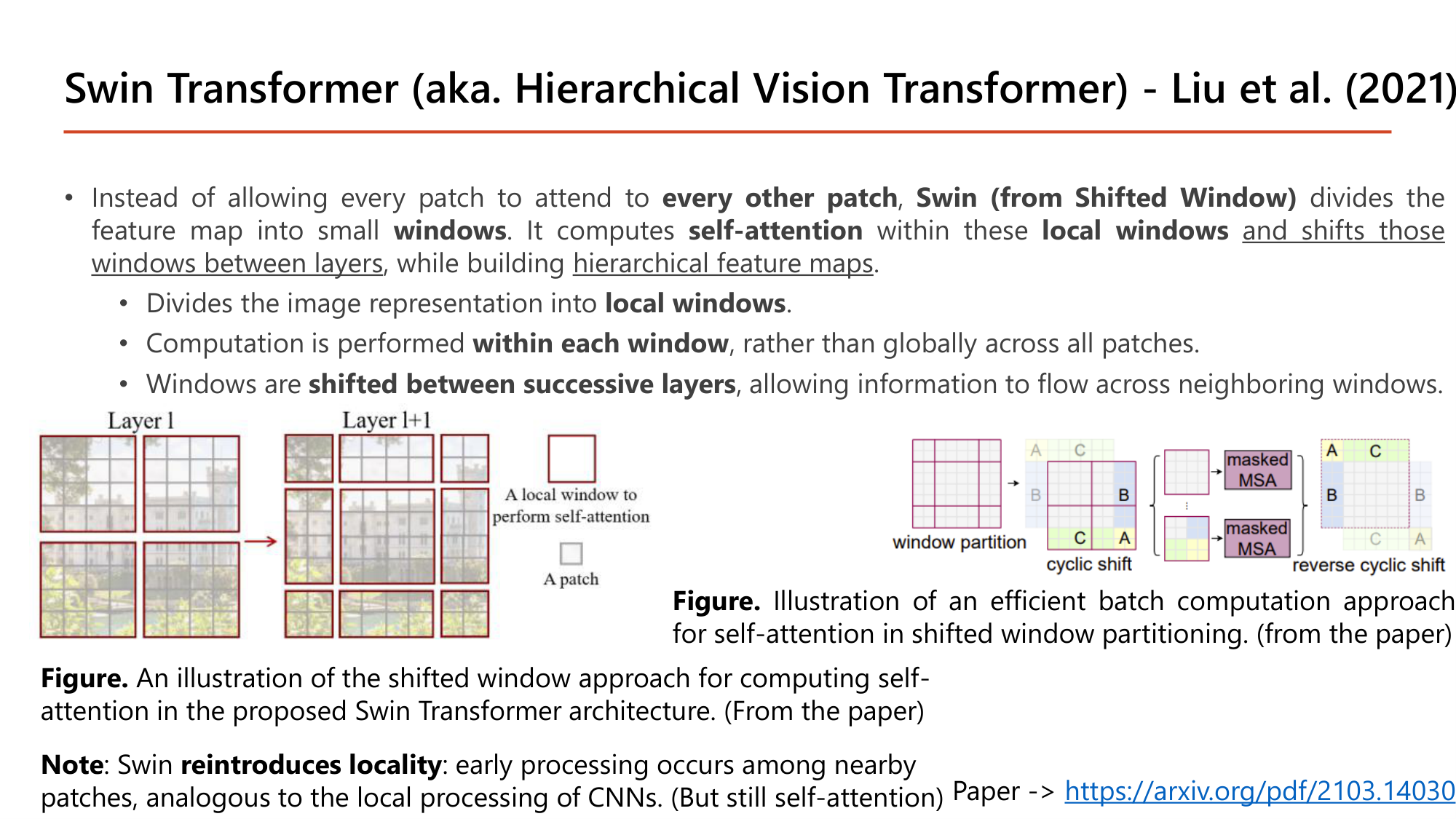 Slide: Swin Transformer (Hierarchical Vision Transformer), Liu et al. (2021). Instead of every patch attending to every other patch, Swin (Shifted Window) divides the feature map into small windows, computes self-attention within local windows and shifts the windows between layers, while building hierarchical feature maps. Figure: Layer l windows and Layer l+1 shifted windows. Note: Swin reintroduces locality, analogous to local processing of CNNs (but still self-attention)
