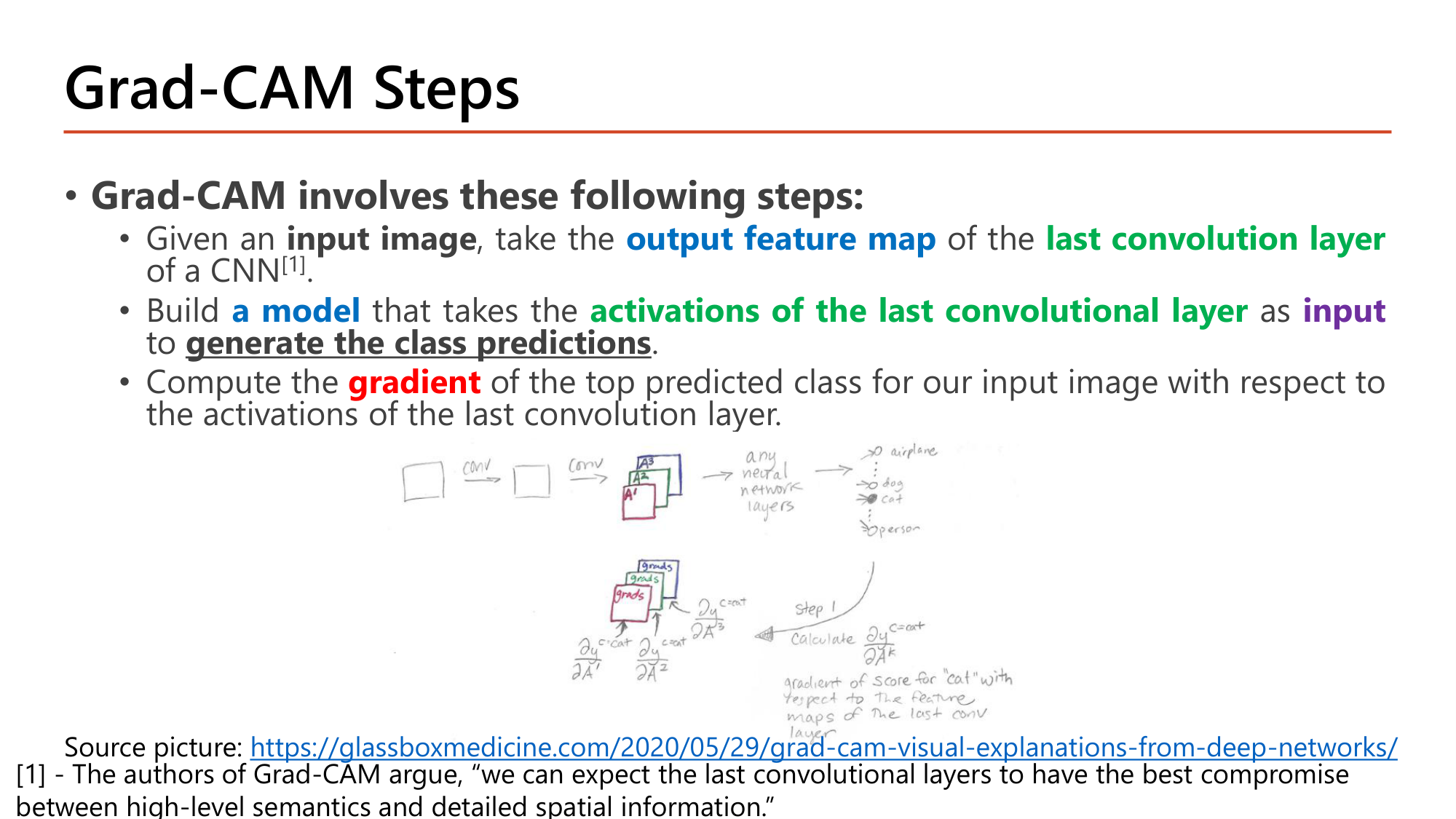 Slide: Grad-CAM Steps. Given an input image, take the output feature map of the last convolution layer of a CNN. Build a model that takes the activations of the last convolutional layer as input to generate the class predictions. Compute the gradient of the top predicted class for our input image with respect to the activations of the last convolution layer. Footnote: the last convolutional layers have the best compromise between high-level semantics and detailed spatial information