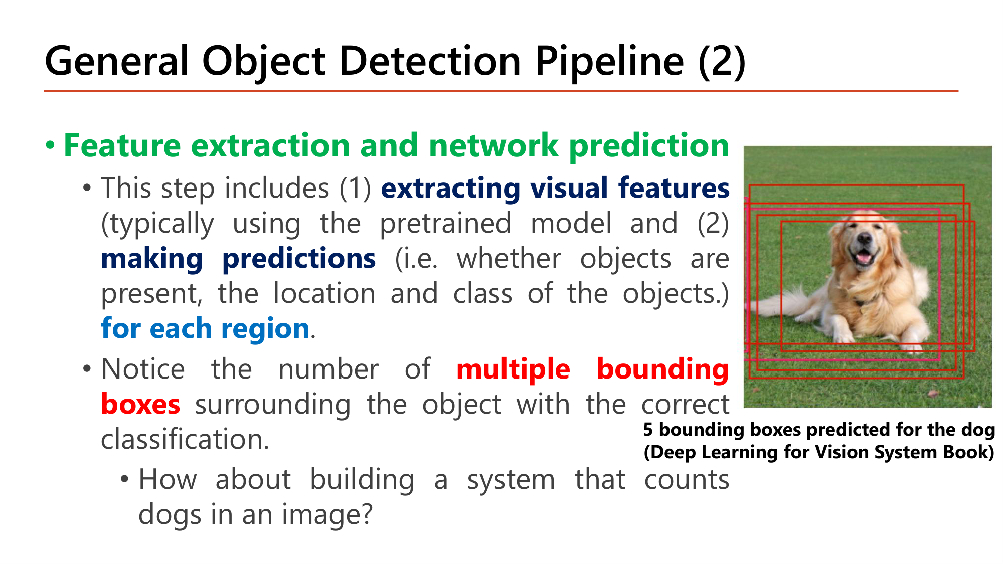Slide: General Object Detection Pipeline (2). Feature extraction and network prediction: (1) extracting visual features, typically using the pretrained model, and (2) making predictions (whether objects are present, the location and class) for each region. Notice the number of multiple bounding boxes surrounding the object with the correct classification: 5 bounding boxes predicted for the dog. How about building a system that counts dogs in an image?