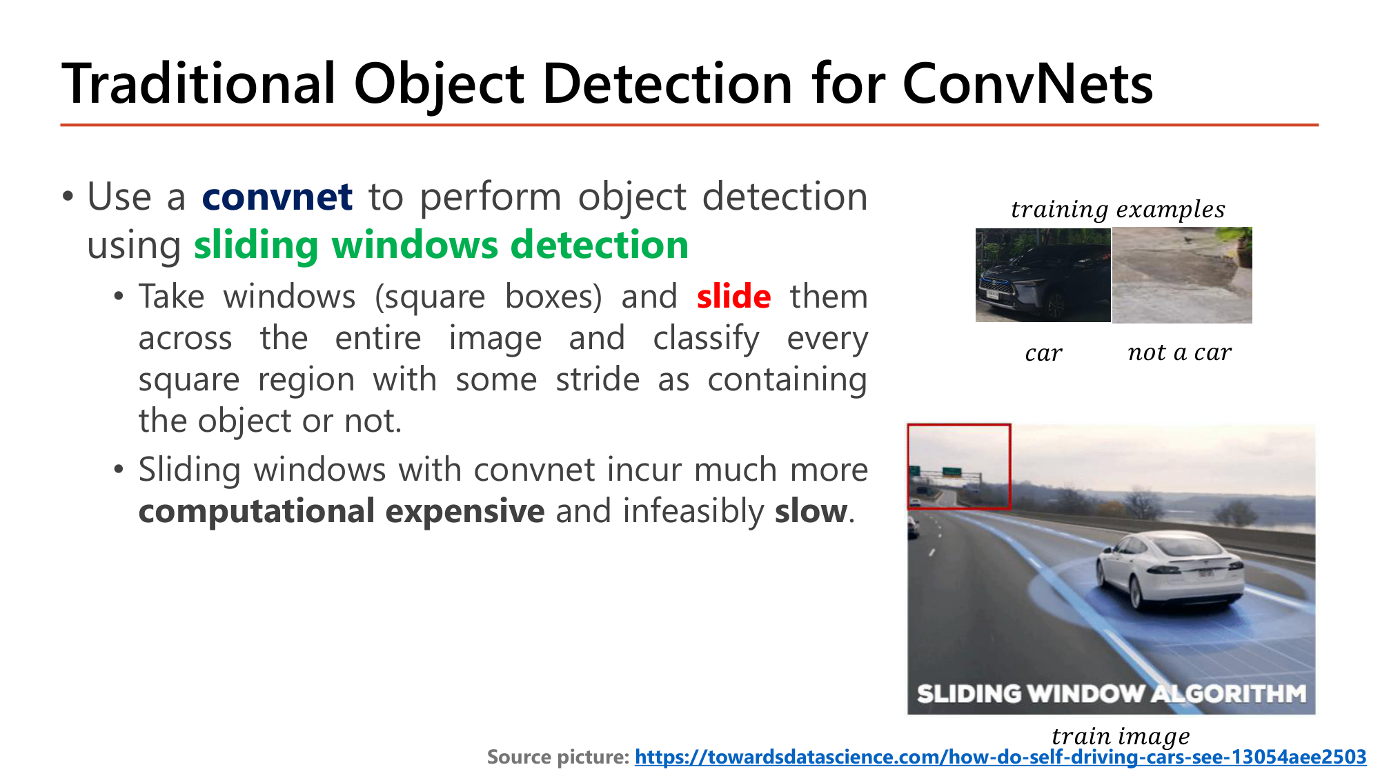 Slide: Traditional Object Detection for ConvNets. Use a convnet to perform object detection using sliding windows detection: take windows (square boxes), slide them across the entire image and classify every square region with some stride as containing the object or not. Sliding windows with a convnet are much more computationally expensive and infeasibly slow. Training examples: car / not a car; a road image with a red window