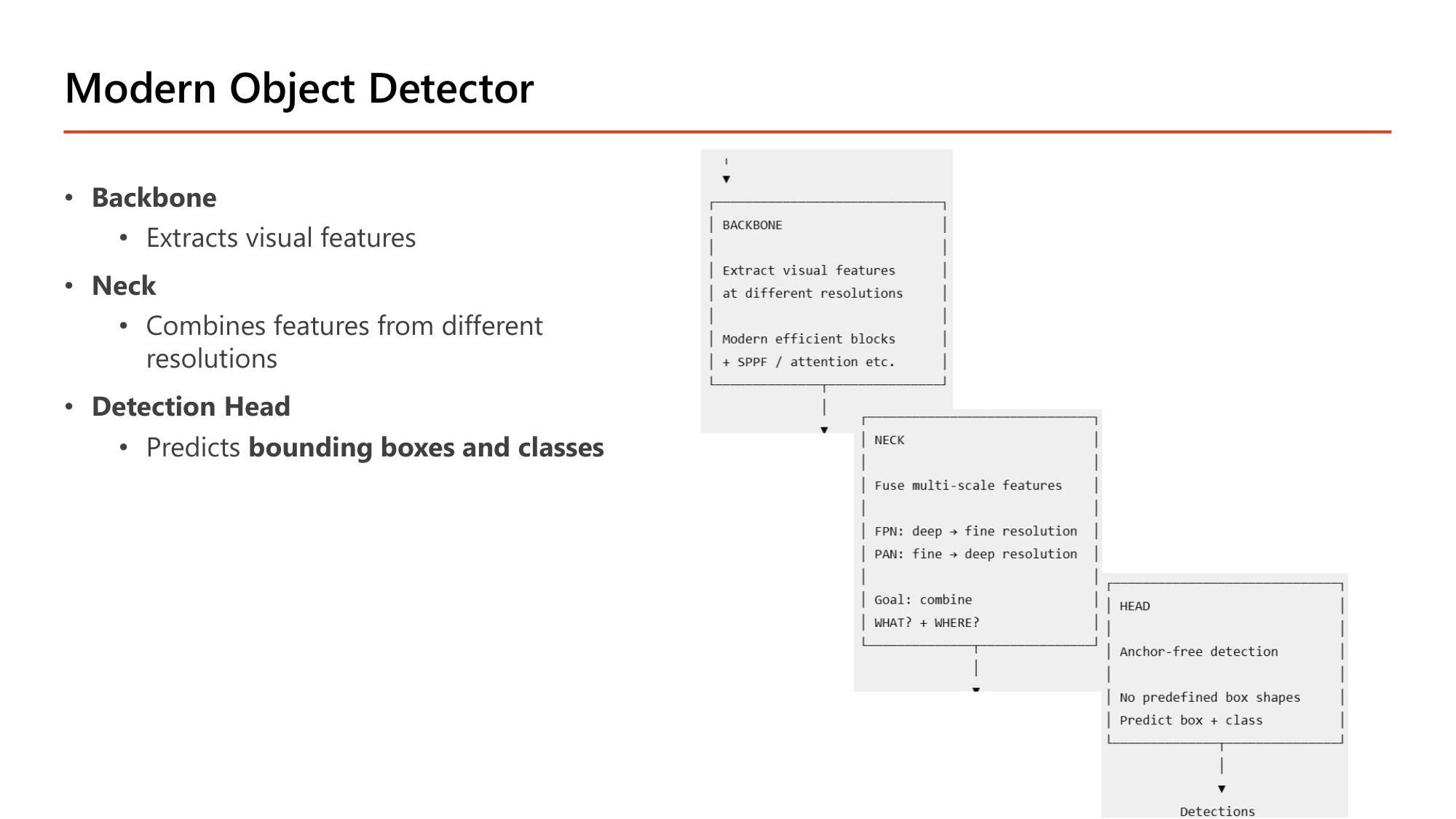 Slide: Modern Object Detector. Backbone: extracts visual features. Neck: combines features from different resolutions. Detection Head: predicts bounding boxes and classes. Diagram: BACKBONE (extract visual features at different resolutions, modern efficient blocks + SPPF / attention), NECK (fuse multi-scale features; FPN deep to fine resolution; PAN fine to deep resolution; goal combine WHAT + WHERE), HEAD (anchor-free detection, no predefined box shapes, predict box + class), detections
